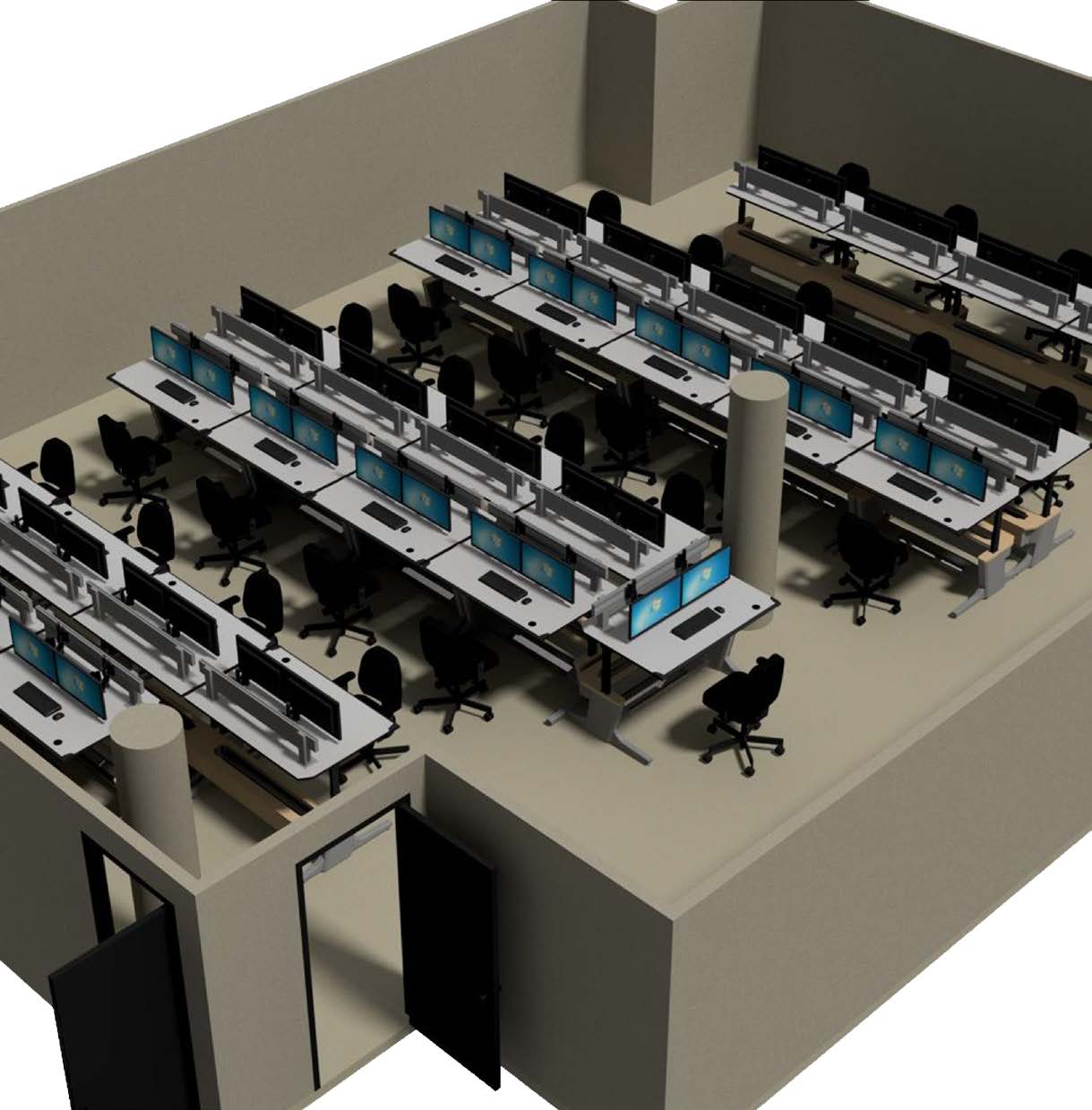 A computer rendering of the Agency Synchronization Operation Center with rows of computer desks in a room